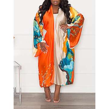 Famnbro Women's Floral Print Satin Robe Kimono Cardigan Open Front Long Cover Ups Outerwear One Size