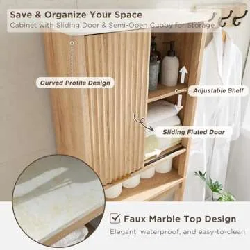 RedLemon Over The Toilet Storage Cabinet with Fluted Sliding Door, 68" Tall Wood Space Saver w/Faux Marble Top & Adjustable Shelf, Curved Profile Rack Organizer for Bathroom, Natural Oak Color
