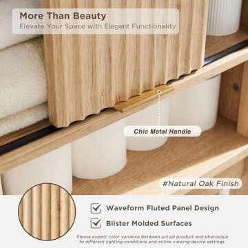 RedLemon Over The Toilet Storage Cabinet with Fluted Sliding Door, 68" Tall Wood Space Saver w/Faux Marble Top & Adjustable Shelf, Curved Profile Rack Organizer for Bathroom, Natural Oak Color