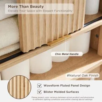 RedLemon Over The Toilet Storage Cabinet with Fluted Sliding Door, 68" Tall Wood Space Saver w/Faux Marble Top & Adjustable Shelf, Curved Profile Rack Organizer for Bathroom, Natural Oak Color