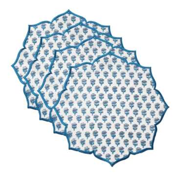 CPC Cotton Placemats Set of 4-Handmade Block Printed Double Layered, Machine Washable, Flower Scalloped & Embroidered Cloth Table Mats - Thanksgiving Mat 15 x 15 inch, Blue Apatite