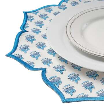 CPC Cotton Placemats Set of 4-Handmade Block Printed Double Layered, Machine Washable, Flower Scalloped & Embroidered Cloth Table Mats - Thanksgiving Mat 15 x 15 inch, Blue Apatite
