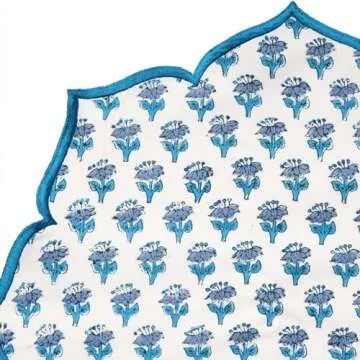 CPC Cotton Placemats Set of 4-Handmade Block Printed Double Layered, Machine Washable, Flower Scalloped & Embroidered Cloth Table Mats - Thanksgiving Mat 15 x 15 inch, Blue Apatite