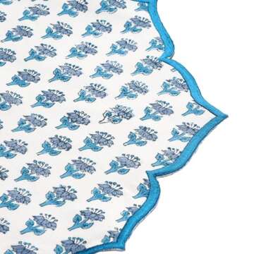 CPC Cotton Placemats Set of 4-Handmade Block Printed Double Layered, Machine Washable, Flower Scalloped & Embroidered Cloth Table Mats - Thanksgiving Mat 15 x 15 inch, Blue Apatite