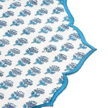 CPC Cotton Placemats Set of 4-Handmade Block Printed Double Layered, Machine Washable, Flower Scalloped & Embroidered Cloth Table Mats - Thanksgiving Mat 15 x 15 inch, Blue Apatite