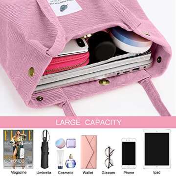 Ayieyill Corduroy Tote Bag for Women Canvas Shoulder Cord Purse with Inner Pocket（Pink）