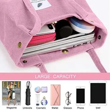 Ayieyill Corduroy Tote Bag for Women Canvas Shoulder Cord Purse with Inner Pocket（Pink）