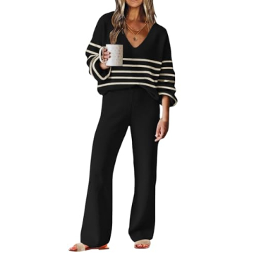 ETCYY NEW Womens 2 Piece Outfits Sweater Lounge Set Casual V Neck Knit Pajama Set Long Sleeve Top Wi...