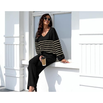 ETCYY NEW Womens 2 Piece Outfits Sweater Lounge Set Casual V Neck Knit Pajama Set Long Sleeve Top Wide Leg Pants Loungewear