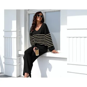 ETCYY NEW Womens 2 Piece Outfits Sweater Lounge Set Casual V Neck Knit Pajama Set Long Sleeve Top Wide Leg Pants Loungewear