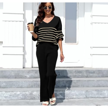 ETCYY NEW Womens 2 Piece Outfits Sweater Lounge Set Casual V Neck Knit Pajama Set Long Sleeve Top Wide Leg Pants Loungewear