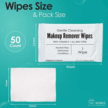 World Amenities - Bulk Makeup Remover Wipes | 50 Count | Individually Wrapped, Gentle Cleansing, Alc...