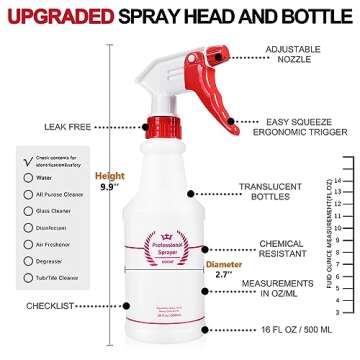 Uineko Plastic Spray Bottle (4 Pack, 16 Oz, All-Purpose) Heavy Duty Spraying Bottles Leak Proof Mist Empty Water Bottle for Cleaning Solution Planting Pet with Adjustable Nozzle and Measurements