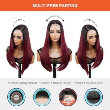 GLAM21USA HD LACE Front Wig Straight 13X6 Glueless Invisible Transparent Lace Frontal Wigs Preplucked Human Hair & Synthetic Blend Swiss-Lace Curly Long Wig - Athena (NeutralLace, OET1B/BURG)