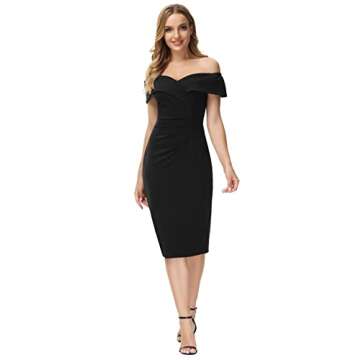 Women's Off Shoulder V Neck Ruched Bodycon Midi Elegant Cocktail Party Dress Wedding Guest Business ...