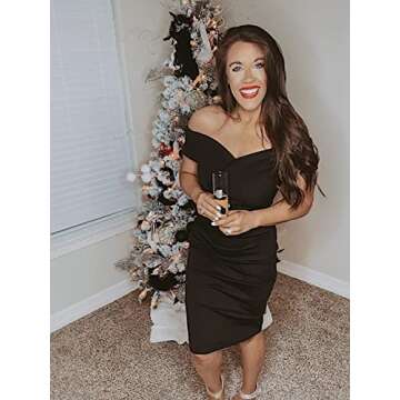 Women's Off Shoulder V Neck Ruched Bodycon Midi Elegant Cocktail Party Dress Wedding Guest Business Formal Black S
