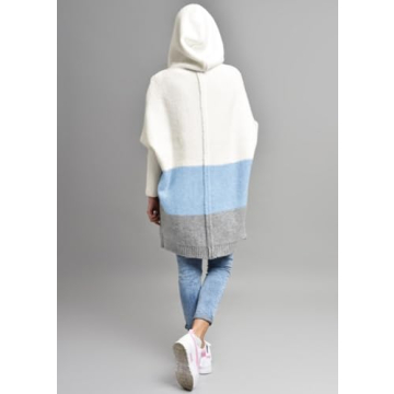 chouyatou Women's Color Block Hooded Cardigan Casual Loose Open Front Ribbed Knit Long Coatigan Sweater (X-Large, Blue)