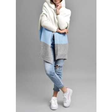 chouyatou Women's Color Block Hooded Cardigan Casual Loose Open Front Ribbed Knit Long Coatigan Sweater (X-Large, Blue)