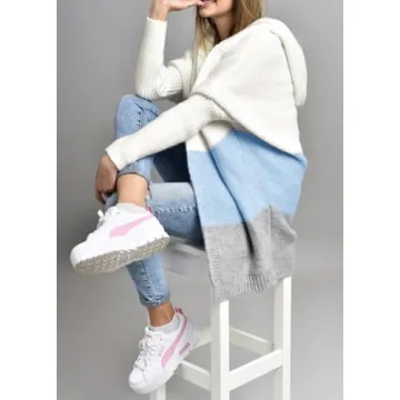 chouyatou Women's Color Block Hooded Cardigan Casual Loose Open Front Ribbed Knit Long Coatigan Sweater (X-Large, Blue)