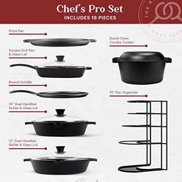 Cuisinel Cast Iron 18-Piece Preseasoned Cookware Set: 10"+12" Skillets w/Lids + 5-Qt Dutch Oven + 10...