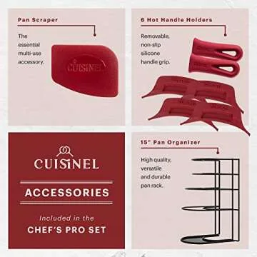 Cuisinel Cast Iron 18-Piece Preseasoned Cookware Set: 10"+12" Skillets w/Lids + 5-Qt Dutch Oven + 10.5" Square Grill Pan w/Lid + Pizza Pan + Round Griddle + 15" Organizer +Scraper + Silicone Handle