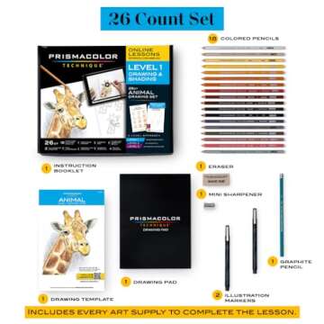 Prismacolor Technique, Art Supplies with Digital Art Lessons, Animal Drawings Set, Level 1, How to Draw Animals with Colored Pencils, Graphite Pencils, and More, Fox Drawing Lesson, 26 Count