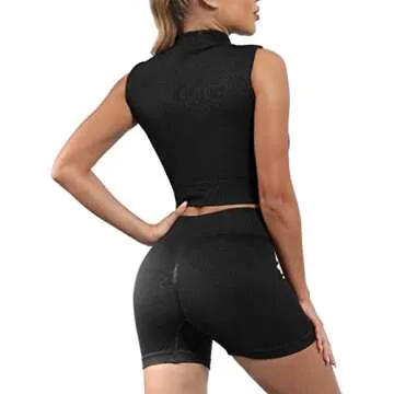 ANOTHER CHOICE Women Workout Set 2 Piece Ribbed Yoga Suit Athletic Zipper Crop Tank Top Booty Shorts Activewear(Black,L)