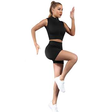 ANOTHER CHOICE Women Workout Set 2 Piece Ribbed Yoga Suit Athletic Zipper Crop Tank Top Booty Shorts Activewear(Black,L)