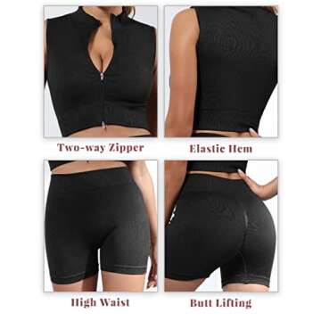 ANOTHER CHOICE Women Workout Set 2 Piece Ribbed Yoga Suit Athletic Zipper Crop Tank Top Booty Shorts Activewear(Black,L)