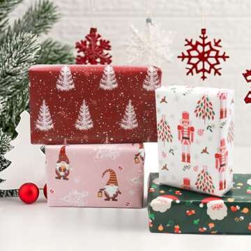 GFInYHM Christmas Wrapping Paper for Kids, 12 Sheets Xmas Kraft Gift Wrap with 12 Tags, Designed with Gnome, Santa Claus, Nutcracker, Xmas Tree