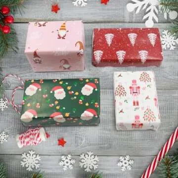 GFInYHM Christmas Wrapping Paper for Kids, 12 Sheets Xmas Kraft Gift Wrap with 12 Tags, Designed with Gnome, Santa Claus, Nutcracker, Xmas Tree
