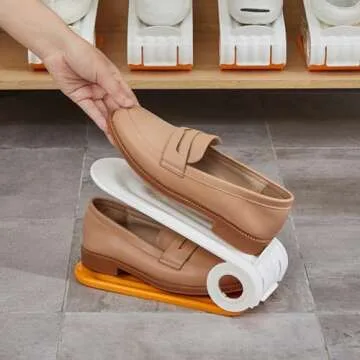 Neroyaner Shoe Slot Organizer 4Pcs Adjustable Shoe Stacker 4 Level PP Shoe Space Saver Dual Layer Shoe Organizers for Closet,Orange
