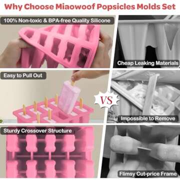 Miaowoof Homemade Popsicle Molds, 10-Cav Non-BPA Silicone Ice Pop Maker, with 50 Sticks, 50 Bags, 10 Reusable Sticks, Funnel, Brush and Ice Pop Recipe (Pink)