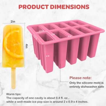 Miaowoof Homemade Popsicle Molds, 10-Cav Non-BPA Silicone Ice Pop Maker, with 50 Sticks, 50 Bags, 10 Reusable Sticks, Funnel, Brush and Ice Pop Recipe (Pink)
