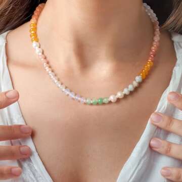 Saycute Colorful Beaded Necklace for Women,Boho Natural Stone Beach Necklace Rainbow Stone Choker Necklaces Summer Handmade Jewelry Gifts