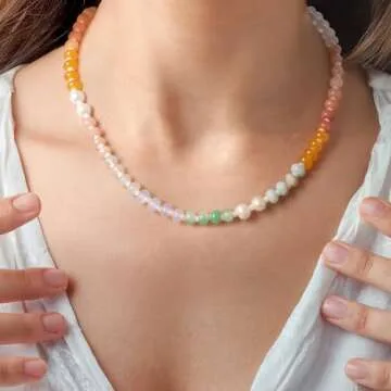 Saycute Colorful Beaded Necklace for Women,Boho Natural Stone Beach Necklace Rainbow Stone Choker Necklaces Summer Handmade Jewelry Gifts