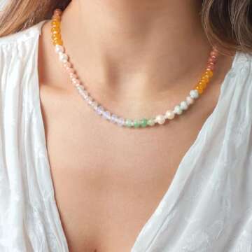 Saycute Colorful Beaded Necklace for Women,Boho Natural Stone Beach Necklace Rainbow Stone Choker Necklaces Summer Handmade Jewelry Gifts