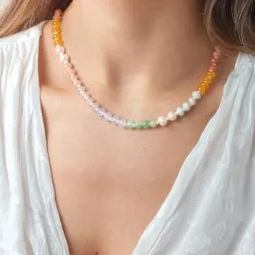 Saycute Colorful Beaded Necklace for Women,Boho Natural Stone Beach Necklace Rainbow Stone Choker Necklaces Summer Handmade Jewelry Gifts