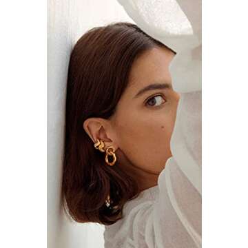 PERNNLA PEARL 18K Gold Twist Drop Dangle Earrings Dainty Hexagon Geometric Post Earring for Women, C...