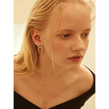 PERNNLA PEARL 18K Gold Twist Drop Dangle Earrings Dainty Hexagon Geometric Post Earring for Women, Cute Chunky Earrings