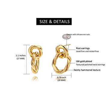 PERNNLA PEARL 18K Gold Twist Drop Dangle Earrings Dainty Hexagon Geometric Post Earring for Women, Cute Chunky Earrings