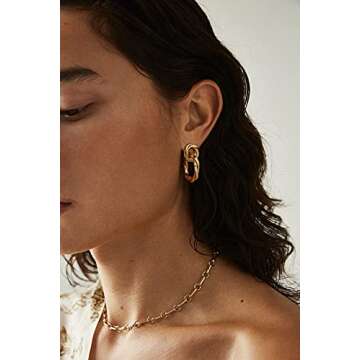 PERNNLA PEARL 18K Gold Twist Drop Dangle Earrings Dainty Hexagon Geometric Post Earring for Women, Cute Chunky Earrings