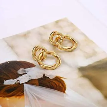 PERNNLA PEARL 18K Gold Twist Drop Dangle Earrings Dainty Hexagon Geometric Post Earring for Women, Cute Chunky Earrings