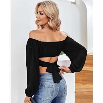 MIRACMODA Woman Off Shoulder Ruched Tie Back Crop Top Summer Lantern Sleeve Boho Shirt Blouse Black