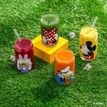 JoyJolt Disney Mickey Mouse & Friends Peek-a-Boo Collection Tumblers, 16oz Can Shape Tumbler Drinking Glass Cups Set, Glass Tumbler Set of 4 w/Glass Straws, Disney Gifts, Mickey Mouse Glasses