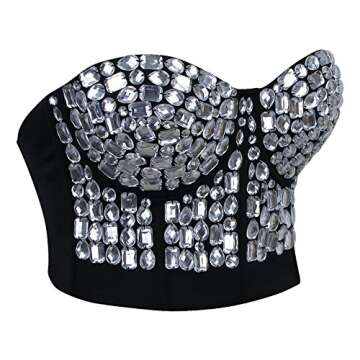 Charmian Women's Punk Rhinestone Push Up Bra Clubwear Party Bustier Crop Top Silver X-Large