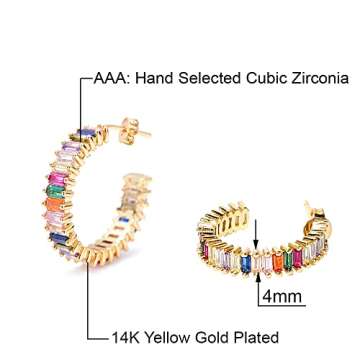 Savlano 14K Gold Plated Cubic Zirconia Multicolor Rainbow Round Hoop Stud Earrings for Women Comes with a Gift Box (Yellow)