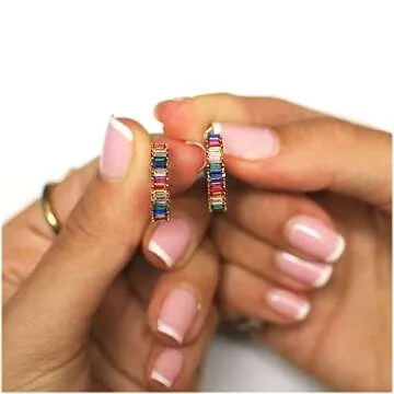 Savlano 14K Gold Plated Cubic Zirconia Multicolor Rainbow Round Hoop Stud Earrings for Women Comes with a Gift Box (Yellow)