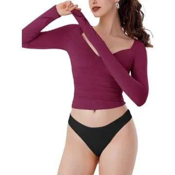 REORIA Women's Fall Sexy V Neck Double Lined Long Sleeve Shirts Cute Slim Fitted Side Ruched Trendy Y2K Going Out Crop Tops for Teen Girls Burdundy Large