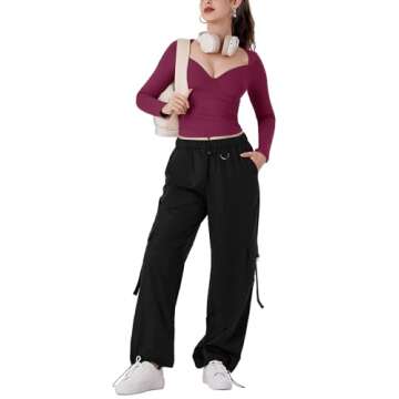 REORIA Women's Fall Sexy V Neck Double Lined Long Sleeve Shirts Cute Slim Fitted Side Ruched Trendy Y2K Going Out Crop Tops for Teen Girls Burdundy Large